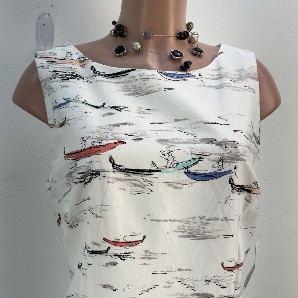 NEW Leslie Fay Venice Gondula Boat White Sleeveless Knee Length Shift Dress 14 - Picture 7 of 17